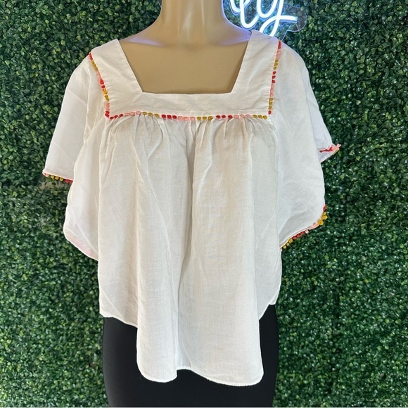 Madewell Pom Pom Butterfly Top Cotton square Neck White Size M - Picture 2 of 8